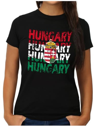 OM3® Hungary T-Shirt | Damen | Teamshirt Magyarország Ungarn Flagge Fussball EM Fanshirt I | S, Schwarz