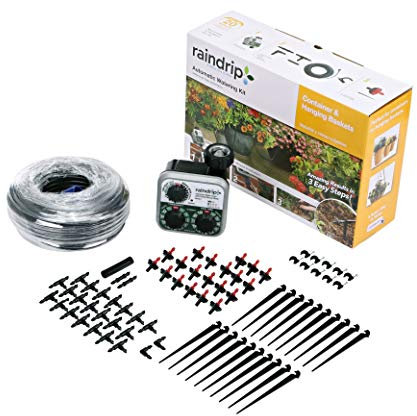 Raindrip R560DP Automatic Drip Irrigation Watering Kit with Customizable Timer for Containers and Hanging Baskets, Waters up to 20 Plants, Includes 20 PC Drippers, Black