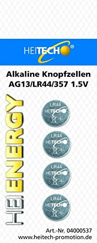 HEITECH 4er Pack AG13 Alkaline Knopfzellen Batterie 1,5V - LR44 / L1154 / LR1154 / SR44 / SR44W / V13GA / 157/303 / 357 - Knopfbatterien auslaufsicher & mit Langer Haltbarkeit