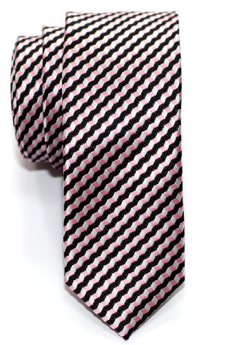 Retreez Cravate Fine Slim Tissée en motifs de rayures en zigzag pour homme - Noir et Rose