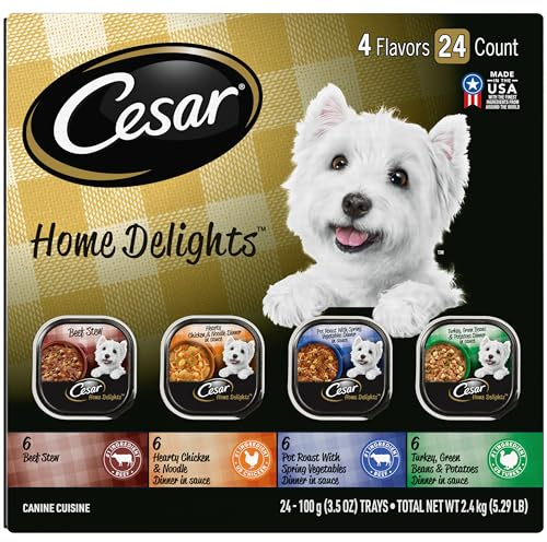 Cesar Home Delights Adult Wet Dog Food, Pot Roast with Spring Vegetables, Beef Stew, Turkey, Green Beans, & Potatoes, and Hearty Chicken & Noodle Dinner in Sauce Variety Pack, 3.5 oz. 24 Count