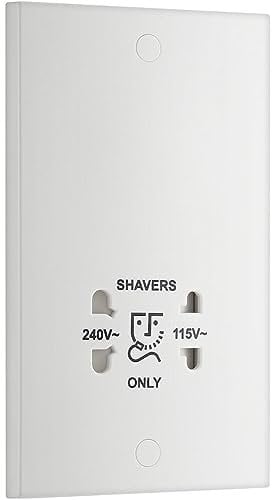 BG Electrical Dual Voltage Shaver Plug Socket, Electric Toothbrush Charger Socket for Bathrooms, Square Edge, Nexus 900 Series, White Moulded, 2-Pin, 115V / 240V, 940