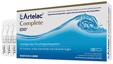 Artelac Complete EDO Augentropfen gegen trockene Augen 10 x 0,5 ml | Intensive Feuchtigkeit bei trockenen, tränenden Augen - mit Hyaluronsäure, Lipiden und Carbomer - in Einzeldosen