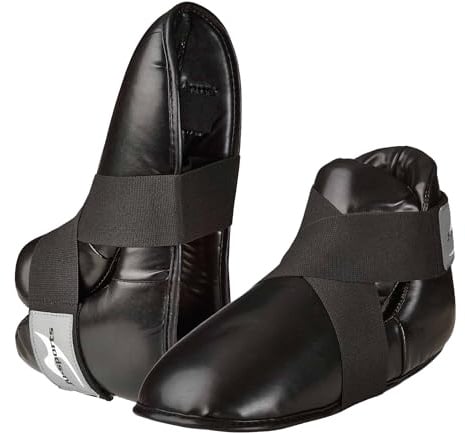 Ju-Sports Fußschutz - schwarz I Gepolsterter Kampfsport & Kickboxen Fußschutz mit Klettband & Zehenschlaufen I Kunstlederbespannte Schaumstoffdämpfung I Größe L