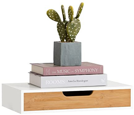 SoBuy Étagère Murale avec Tiroir - Étagère Flottante Moderne pour Entrée, Salon, Cuisine & Chambre - Blanc & Nature 40x24x8cm FRG92-WN