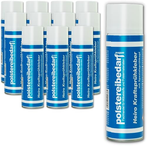 Heiro Kraft Sprühkleber 12 x 500 ml, 12er Pack - Kontakt Sprühkleber extra stark mit Ventil zum Verstellen - Klebespray für Schaumstoff, Vlieswatte, Textil, Leder - aromatenfrei