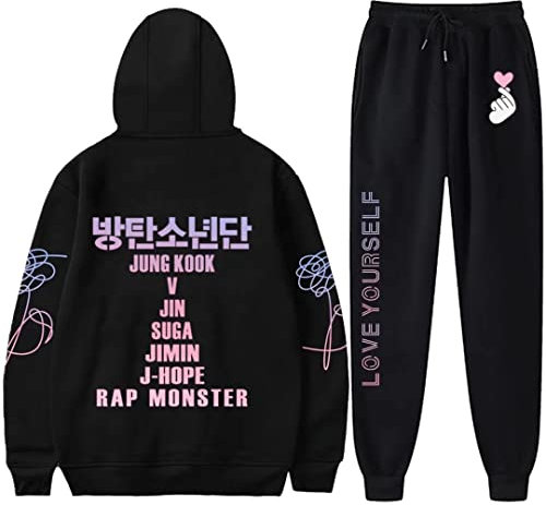 Bangtan Jungen Hoodie Love Yourself Sweater Suga Jimin Jung Kook Jhope Sweatshirt Hose 2-teiliges Set, Schwarz, Medium