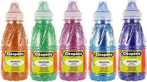 Cléopâtre PP250x5A Schulmalfarbe Nefertari Glitzerfarbe Set, Lernmaterialien, 250 ml, orange/Grun/magenta/blau/violett