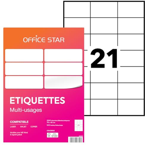 OFFICE STAR - 2100 Étiquettes Autocollantes Multi-Usages Blanches Personnalisables Imprimables - Format 70 x 42 mm - Impression Laset Jet d'Encre et Copieur