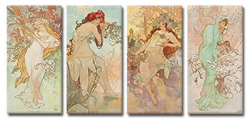 time4art Alphons Alfons Mucha 4 Bild 4 x 80x40cm Die Vier Jahreszeiten Jugendstil Kunst Leinwand Canvas Print Set Wohnzimmer Wandmontage