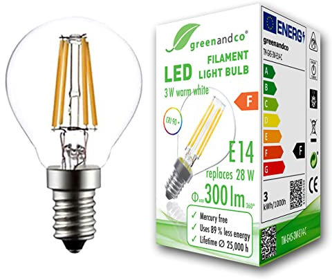 greenandco® CRI90+ Glühfaden LED Lampe | klar | ersetzt 28 Watt E14 G45 Globe, 3W 300 Lumen | 2700K warmweiß | Filament Fadenlampe | 360° 230V AC | nicht dimmbar | flimmerfrei | 2 Jahre Garantie