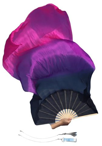 Winged Sirenny Paar Handgemalt Fächerschleier Voi, Fächer-Poi aus Echte Seide 150cm, Fächerschleiertanz Bauchtanz seide (schwarz-violett-rosa)