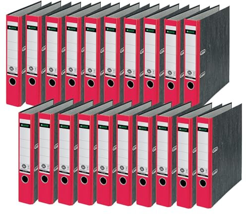 Leitz Qualitäts-Ordner, 20er Pack, das Original, DIN A4 Aktenordner schmal, 5 cm breit, Wolkenmarmor-Papier, Recycling-Ordner, Blauer Engel, Mit 180° Mechanik, Höchste Stabilität, Rot, 10505025