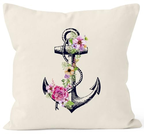 Autiga Kissenbezug Blumen Anker Flower Anchor Watercolor 40x40 Baumwolle Kissen-Hülle Deko-Kissen Natur 40cm x 40cm
