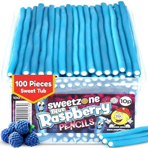 Sweetzone Blue Raspberry Pencils Tub, Pencil Sweets, 100 pc, alal Sweet, Wine gums, American Gum, British Sweets, Sweet Pie, Licorice Liquorice Allsorts, Irresistible for Candy Lovers