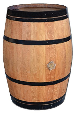 Stehtisch aus Weinfass, Dekofass, Gartentisch aus Holzfass - Fass geschliffen und geölt mit schwarzen Ringen
