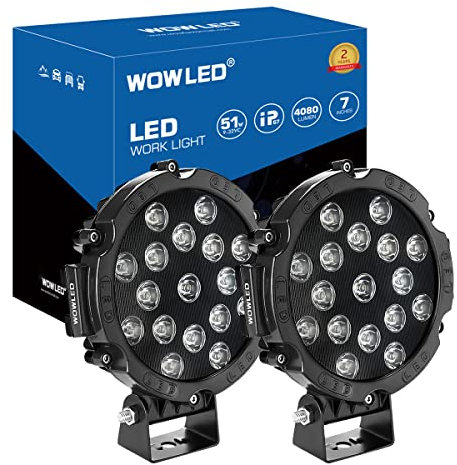 WOWLED 2 Pcs 51W 7inch LED Driving Light Spot Beam Work Lamp Offroad SUV 4WD 4X4 Truck Boat