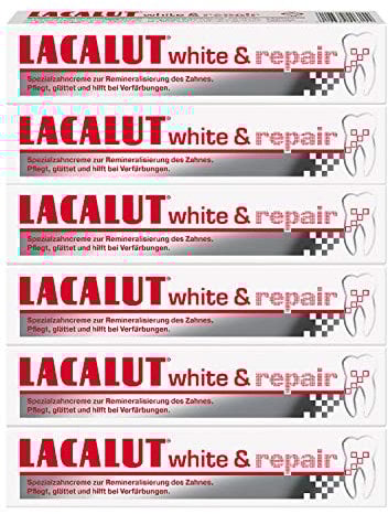 LACALUT WHITE & REPAIR ZAHNCREME, 75ml Zahnpasta zum Aufhellen der Zähne, Straffung und Festigung des Zahnfleischs, Zahncreme für weiße Zähne, 6 x 75 ml