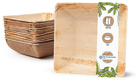 BIOZOYG 25x Cuenco de palma 750 ml 18 cm cuadrado - Plato hondo desechable, ensaladera compostable - Vajilla de fiesta sostenible