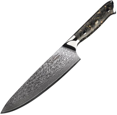 Tsume Kochmesser Gyuto Carbon Gold, Klingenlänge 20cm, Echtes Damast Küchenmesser mit Karbonfasern und Blattgold, Chefmesser, 67 Schichten VG10 Edelstahlkern mit Kunstharz Handgriff