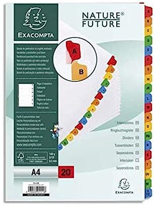 Exacompta 1111E Karton-Register A-Z für DIN A4 aus Karton 20-teilig volle Höhe 21 x 29,7 cm weiß, bunte verstärkte Taben mit Indexseite Trennblätter Trennstreifen Ordner-Register