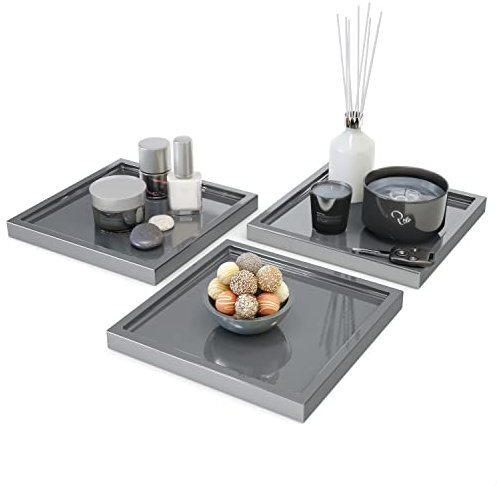 Vladon Dekoschale Maya, Made in Germany, moderne Dekorationsschale eckig, Grau Hochglanz, 3er-Set (20 x 1,8 x 20 cm)