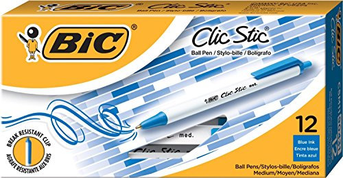 BIC Clic Stic Ballpoint Retractable Pen1.9mm, Blue Ink, Medium, Pack of 12 Pcs.