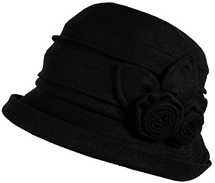 Comhats Wolle schwarz 1920s Retro Glockehut Fischerhut für Damen Klassische klappbare Bowler Hut Winter
