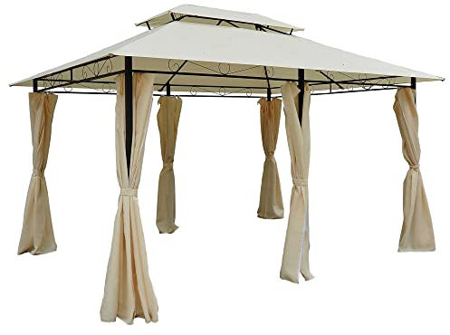 Outsunny Pavillon 3x4m Gartenpavillon mit 6 Seitenteilen Partyzelt Gartenzelt Festzelt mit Doppeldach Beige+Dunkelgrau