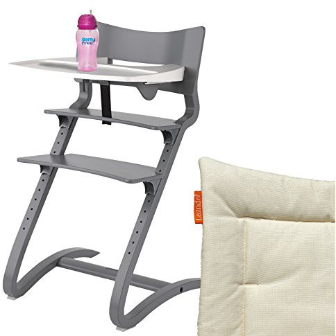 Leander Hochstuhl grau Komplettpaket mit Sicherheitsbügel, Tisch, BFree-Trinkbecher und Sitzkissen Vanilla