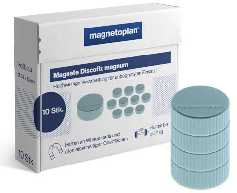 magnetoplan Premium Magnete Discofix magnum | ØxH 34x13mm | 10 Stück, hellblau | Haftkraft: 2 kg | Magnete für Magnettafeln und Whiteboards | Kratzfreie Spezialbeschichtung | Leicht abnehmbar