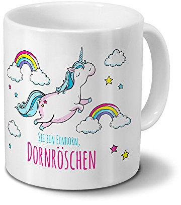 printplanet Tasse mit Namen Dornröschen - Motiv Dickes Einhorn - Namenstasse, Kaffeebecher, Mug, Becher, Kaffeetasse - Farbe Weiß