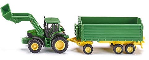 siku 1843, John Deere Traktor mit Frontlader und Anhänger, 1:87, Metall/Kunststoff, Grün, Kippbarer Anhänger