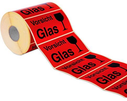 Etiketten Aufkleber Vorsicht Glas rot 1000 Stück extra groß 145x76mm Warnetikett auf Rolle 597101 - Menge wählbar