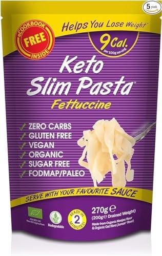 Keto Slim Fettuccine Pasta (Pack of 5 x 270g) Organic Konjac Flour & Oats Shirataki Pasta, Zero Carb, Low Calorie, Gluten, Fat & Sugar Free, Vegan High Fibre Ready to Eat, Paleo Diet Friendly