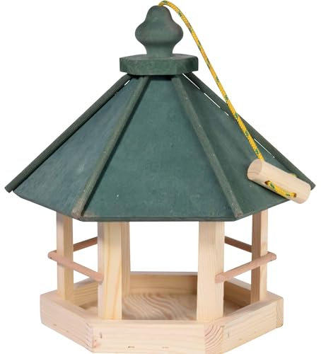 dobar® 90038FSCe Vogelfutterhaus 6-eck hängend - Offenes Vogelhaus Massivholz - Wildvogelfutterstation zum Aufhängen - Futterhaus für die Ganzjahresfütterung - 29 x 32 x 36 cm - Grün