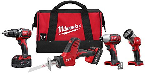 Milwaukee 2695-24 M18 Kit d'outils électriques sans fil 18 V avec marteau, visseuse à percussion, scie alternative et lampe de travail (2 batteries, chargeur et étui à outils inclus)