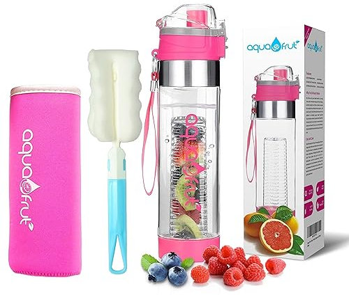 AquaFrut Einzigartige Wasserflasche mit Fruchteinsatz, inkl. Flaschenbürste, Isolierhülle und eBook (evtl. nicht in deutscher Sprache), auslaufsicher, schweißfest, BPA-frei (Pink)