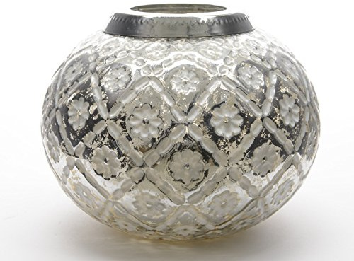 Windlicht Teelichthalter Glas Weihnachten antik Silber weiß Ø 15 cm | mit Blüten, für Hochzeit, für Taufen, für Geburtstag
