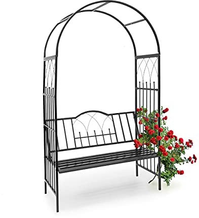 Relaxdays 10020032 Arche à rosiers avec banc colonne de jardin Arceau de plantes grimpantes obélisque pour roses avec assise pour 2 personnes-H x l x P: 203 x 114,5 x 59 cm- noir
