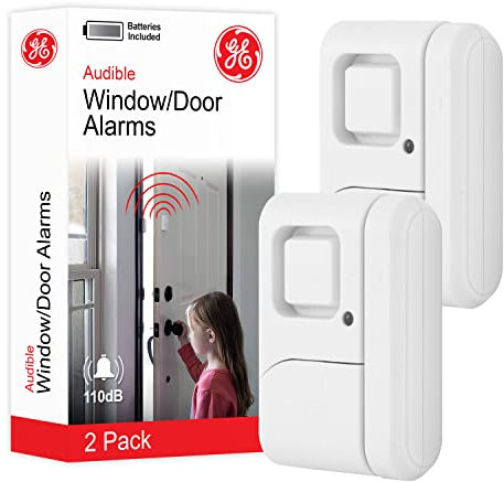 GE Personal Security Window and Door Alarm, 2 Pack, DIY Protection, Burglar Alert, Wireless Chime/Alarm, Easy Installation, Home Security, Ideal for Home, Garage, Apartment and More, White, 45115