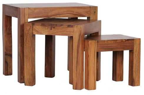 Wohnling 3er Set Satztisch Massiv-Holz Sheesham Wohnzimmer-Tisch Landhaus-Stil Beistelltisch dunkel-braun Naturholz