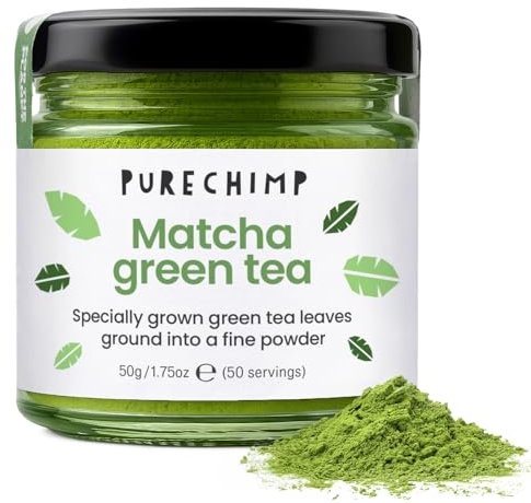 PureChimp Ceremonial Grade Matcha Powder 50g. 100% Pure Green Tea. Shade-Grown for MatchaLatte, Teas & Recipes. Recyclable Glass Jar. Antioxidant-Rich.