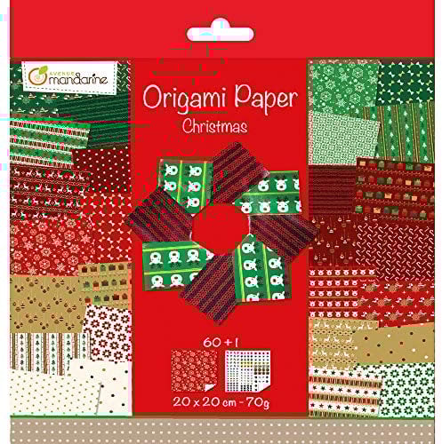Avenue Mandarine 52508O - Un paquet de 60 feuilles Origami 20x20 cm 70G (30 motifs x 2 feuilles) et une planche de stickers incluse, Christmas