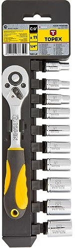 TOPEX 1/4 Zoll Ratschen-Steckschlüssel-Set, Mechaniker-Werkzeug-Set und Steckschlüssel Schnellspanner-Umschaltknarre und Verlängerungsstange, 11-teiliges Set aus Chrom-Vanadium-Legierungsstahl (Steckschlüssel 1/4)