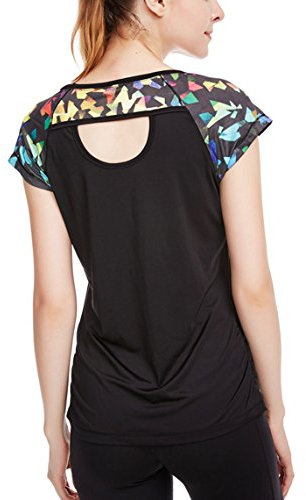 icyzone Damen Sport T-Shirt Kurzarm Laufshirt Rückenfrei Fitness Oberteile Gym Yoga Top (M, Fantastic/Black)