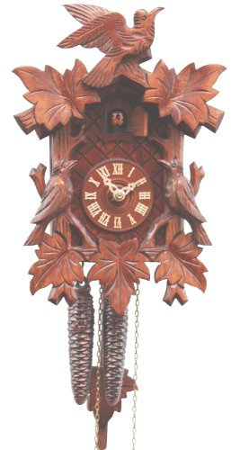 Rombach & Haas Klassische Kuckucksuhr Naturholz dunkel mit Vögeln und Laub 1-Tagwerk 28 cm