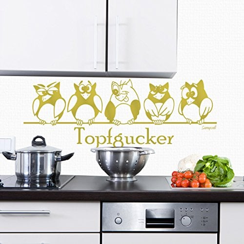 Sunnywall Wandtattoo Topfgucker Eulen Vögel Kochen Küche Essen Wandsticker Gold Gr1