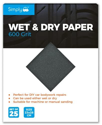 Simply WD0600 Wet & Dry Polishing Paper 600 Grit, Pack of 25, 230mm x 280mm, Perfect for DIY Car Bodywork Repairs, Machine, Manual Sanding, Furniture and Home Improvement