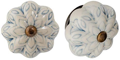 Nicola Spring Ceramic Cupboard Drawer Handle Knobs - Vintage Flower Design - Grey/Blue - Pack of 24
